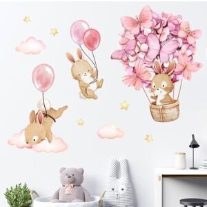 Pink Hot Air Balloon Bunny Wall Decals Stickers, Rabbit Butterfly Flower Cloud